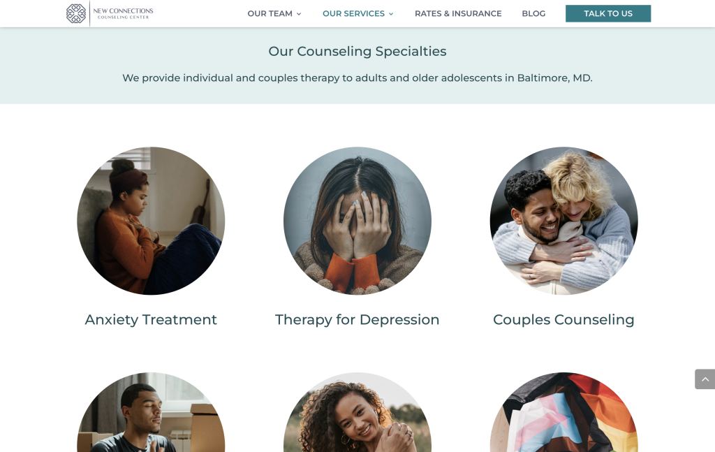 Screen capture of my design for Our Services page from New Connections Counseling Center